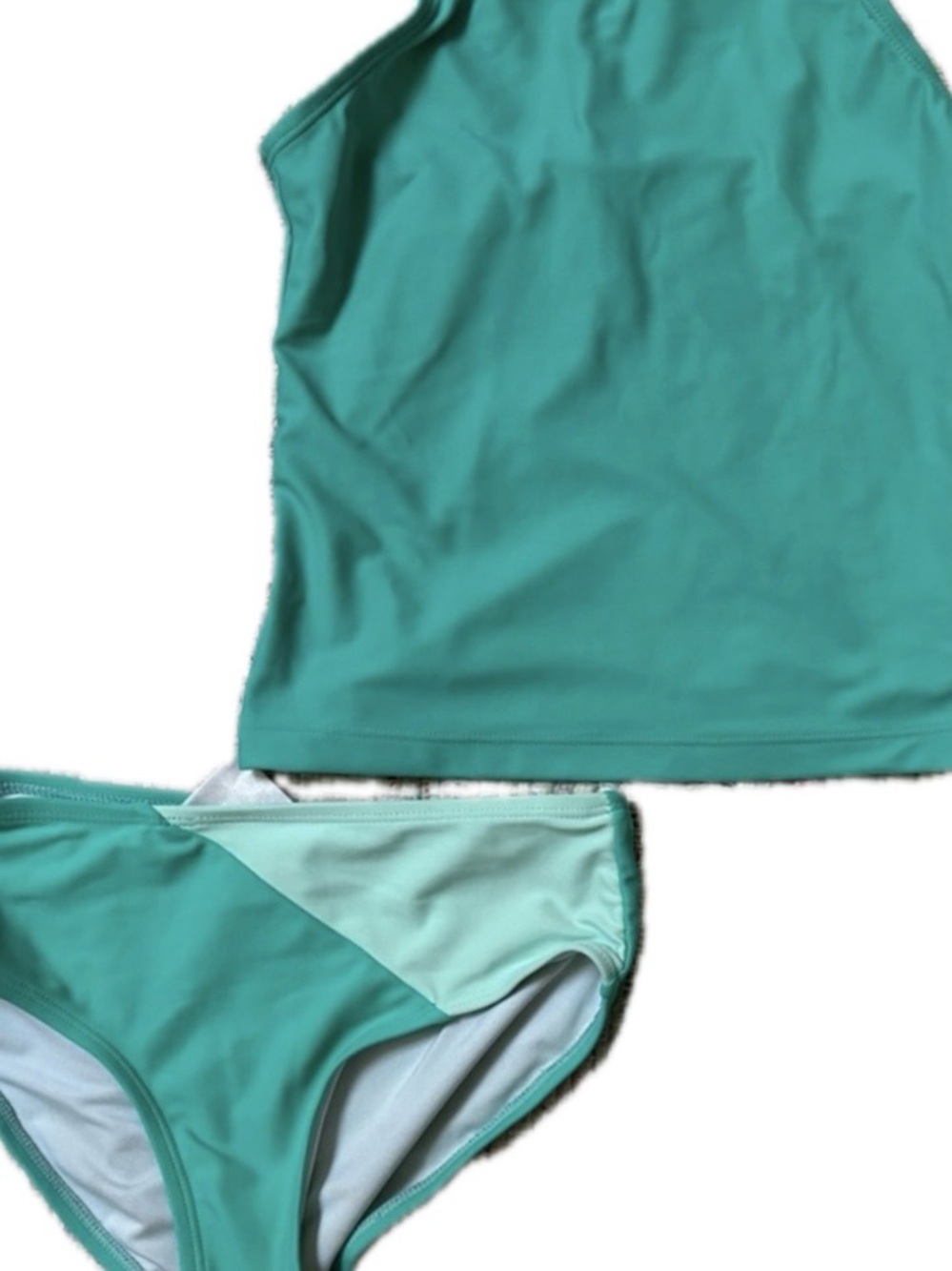 Girls Two-Tone Teal & Mint Tankini Set with an extra pair of bottoms!